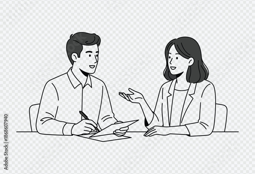 Man and woman sitting at table engaged in conversation and reviewing documents together