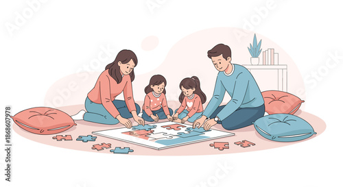 Happy family with two daughters sitting on the floor at home, working together to assemble a large jigsaw puzzle of a world map for fun.