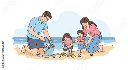 Loving family with two young daughters collecting beautiful seashells into a bucket on a sandy beach, enjoying a peaceful and happy summer day together.