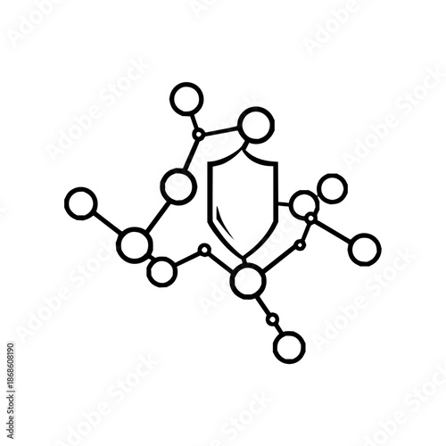 Network security illustration with shield icon surrounded by connected nodes and lines design concept