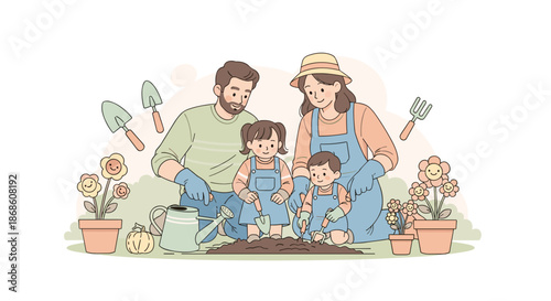 Loving family with a young son and daughter gardening together, planting flowers in their backyard and teaching the children about nature and growth.