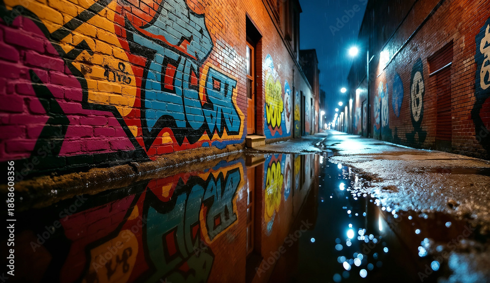Obraz premium Brick walls covered in colorful street art and graffiti reflect in puddles of water in a dark alley at night.