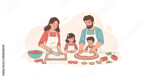 Cheerful family with a mother, father, and two kids happily making pizza together in the kitchen, enjoying a fun cooking activity and bonding time.