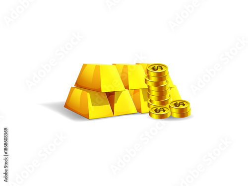 Shiny 3D gold bars and coins stack isolated on white background wealth treasure banking investment financial concept symbol of luxury and prosperity