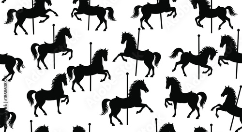 Classic black and white seamless pattern of carousel horse silhouettes, creating a nostalgic and playful background for amusement park or circus themes.