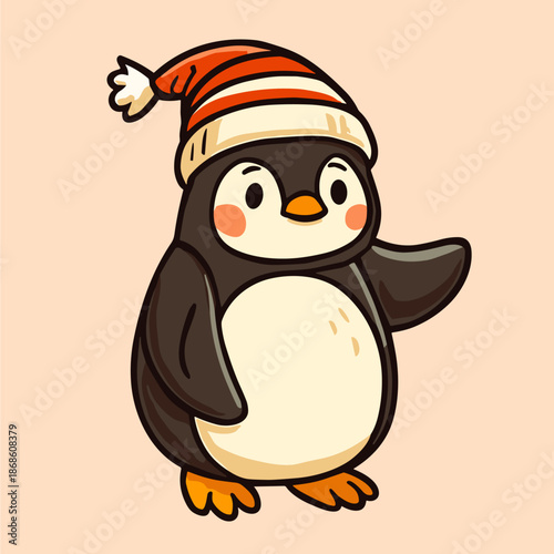Charming penguin character wearing a festive striped hat