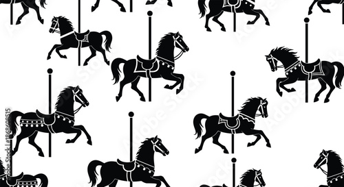 Seamless black and white pattern featuring classic carousel horses with saddles, creating a charming and nostalgic background for festive or childhood themes.