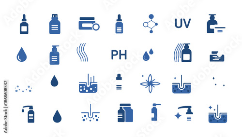 Set of skincare icons showing products, sun protection, skin layers, and hydration processes