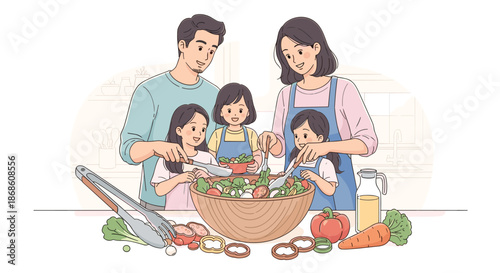 Happy family with two young twin daughters making a fresh vegetable salad together in the kitchen, promoting healthy eating and family bonding.
