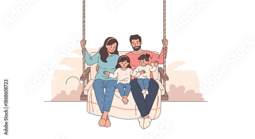 Loving family with two young children sitting together on a large swing, enjoying a peaceful and happy moment outdoors with clouds in the background.
