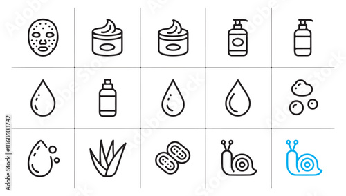 Skincare line icons set outline cosmetic treatments for dehydrated and dry skin moisturizing beauty product