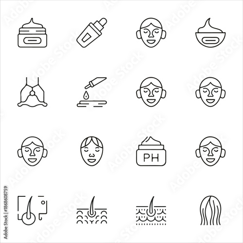 Skincare product line icon set including face mask bottles droppers creams and moisturizing health treatments