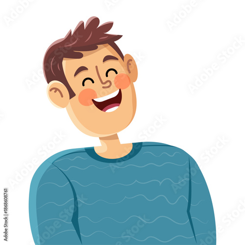 A joyful, happy man laughs with a beautiful smile, wearing a blue striped sweater. Vector illustration.