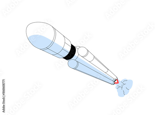 Startup of shuttle, spaceship in space travel. Launch of spacecraft, rocket in cosmos trip. Start up of galaxy ship. Interstellar flight, universe journey. Flat isolated vector illustration on white
