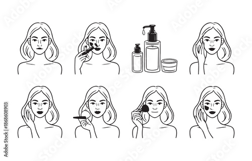 Simple line symbols representing skincare benefits like hydration sun protection and smoothing