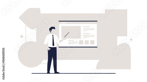 Business presentation, man pointing at presentation screen, modern flat design, infographic style