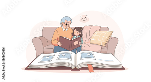 Loving grandfather sitting on a couch with his granddaughter on his lap, looking through a large family photo album and sharing memories.