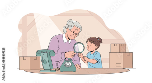 Grandmother using a magnifying glass to show her curious granddaughter an antique rotary telephone, sharing stories and history from the past.