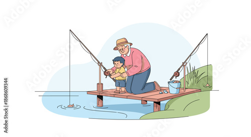 Patient grandfather teaching his young grandson how to fish from a wooden dock, sharing a peaceful and memorable bonding experience by the water.