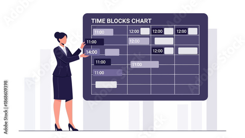 Businesswoman planning time blocks on a digital schedule chart for effective management