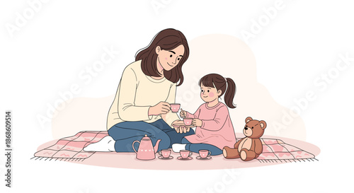 Sweet mother and her young daughter having an imaginative tea party on a blanket with their teddy bear, sharing a playful, cozy moment.