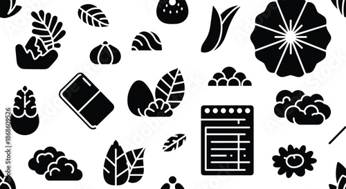 Monochromatic seamless pattern with a random assortment of black nature icons, food items, and stationery on a plain white background.