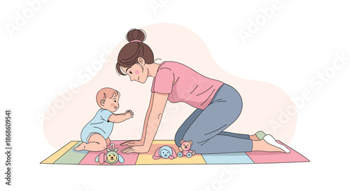 Loving young mother playing with her happy baby on a colorful playmat on the floor, surrounded by toys and sharing a bonding moment.
