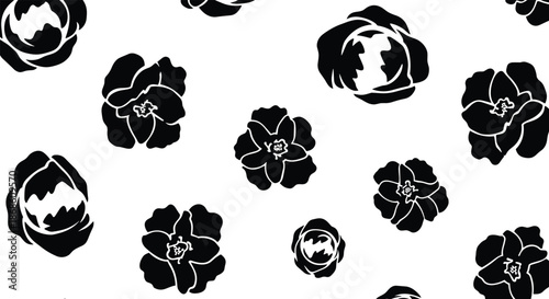 Simple and elegant seamless floral pattern featuring black abstract flower silhouettes scattered across a crisp and clean white background.