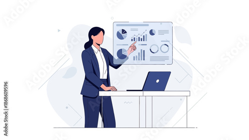 Businesswoman presenting financial data charts on a screen with laptop, modern office.