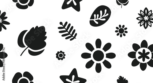 Charming seamless pattern composed of simple black silhouettes of various flowers and leaves scattered randomly on a clean white background design.