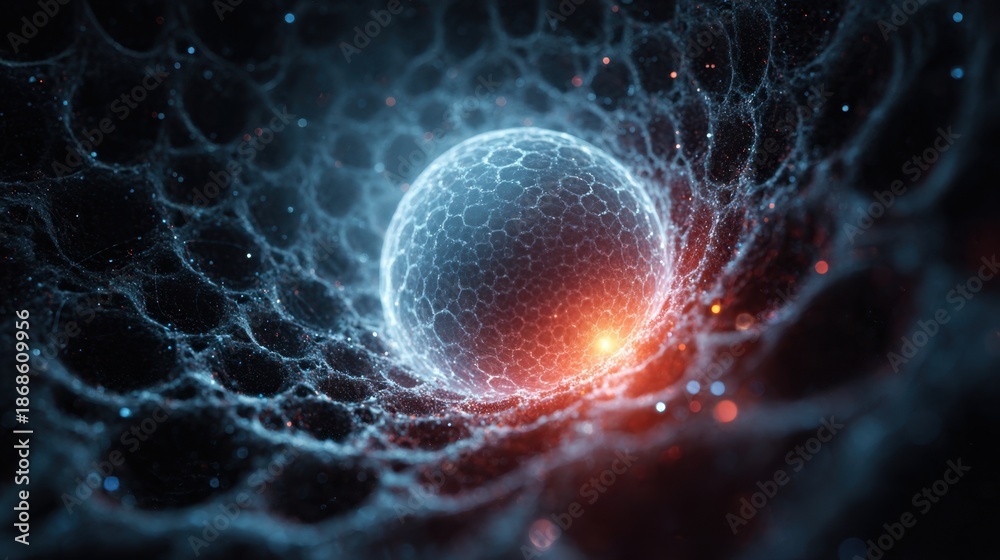 Fototapeta premium Abstract glowing cellular structure with interconnected network and bright energetic core
