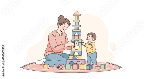 Patient mother and her toddler son building a tall tower together with colorful wooden blocks on a rug in the playroom at home.