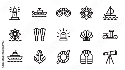 A collection of nautical icons representing various maritime elements and activities