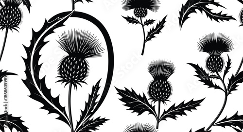 Elegant seamless pattern of black Scottish thistles with thorny leaves and swirling stems, creating a classic and decorative floral background.