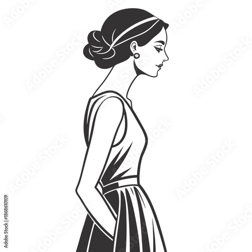 Elegant woman in profile with an updo hairstyle and flowing dress