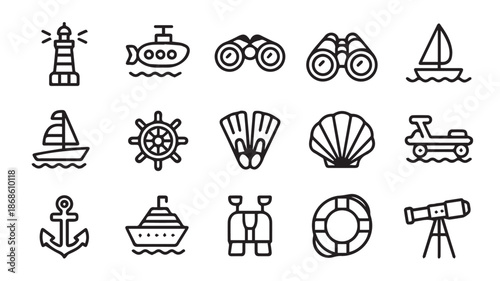 Collection of nautical and beach icons in black and white line art style