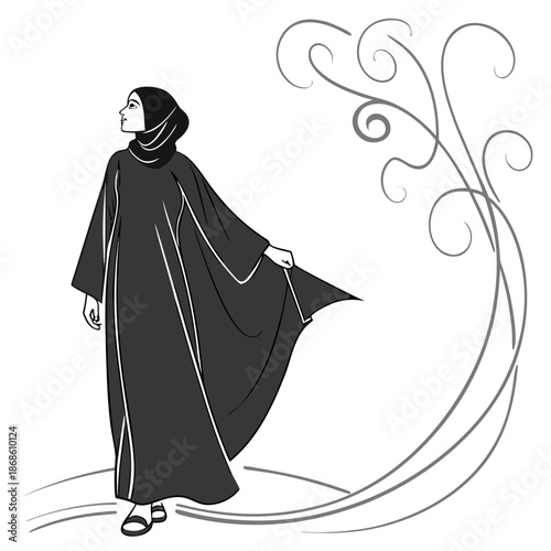 Elegant woman in traditional black abaya and headscarf a stylish silhouette