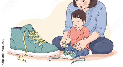 Patient mother teaching her young son the important life skill of tying his shoelaces, using a large shoe for practice and guidance.
