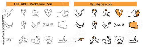 Muscles Vector Icon Set. Hand Arm Muscle Symbol on Editable Stroke Line and Expanded Shape Icon. Gym And Fitness Muscle Icon