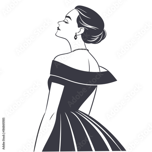 Elegant woman with an updo hairstyle wearing an off shoulder formal gown