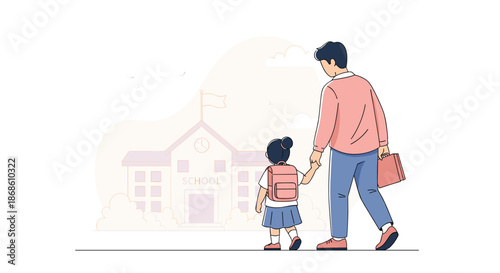 Caring father holding his daughter's hand as they walk to school together for her first day, showing support and encouragement.