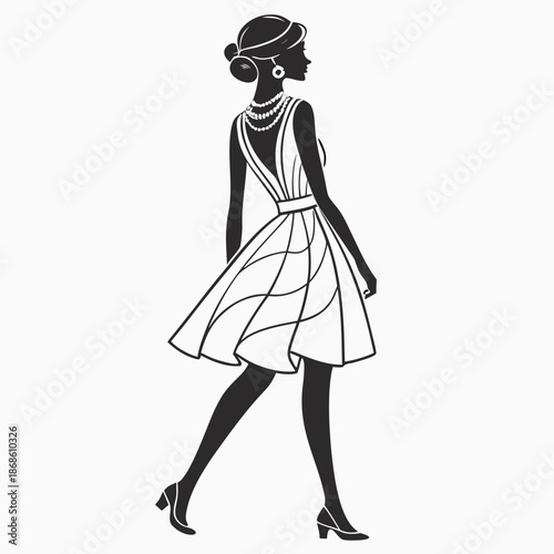Elegant woman in a stylish dress and heels a monochrome fashion illustration
