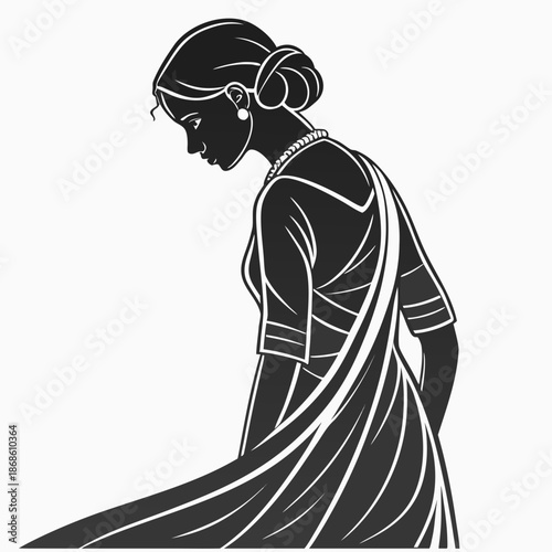 Elegant woman in traditional sari a black and white profile illustration