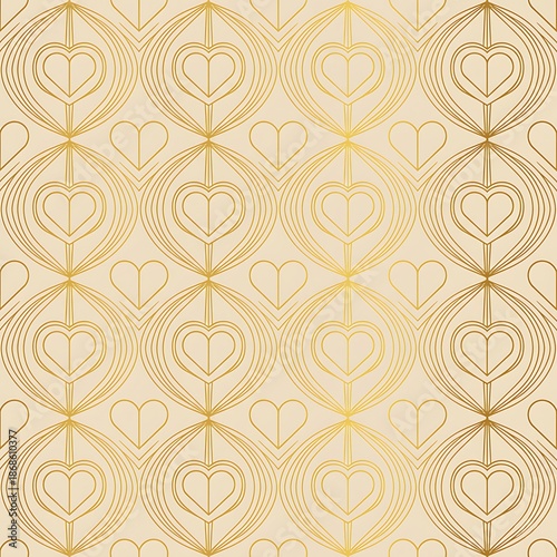 Art Deco Valentine Seamless Pattern with Geometric Hearts and Gold Foil Accents on Champagne Background
