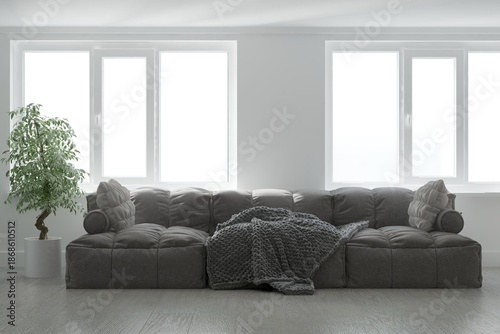 modern room with sofa with plais and pillows and plant in beautiful flowerpot near the sofa interior design. 3D illustration