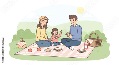 Cheerful family with a young daughter enjoying a relaxing outdoor picnic on a gingham blanket in a lush green meadow on a sunny day.