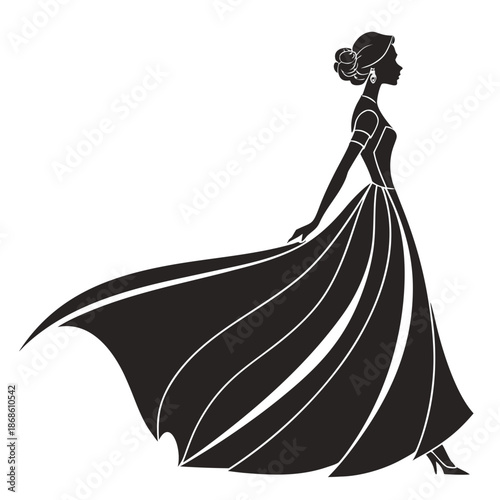 Elegant woman in a flowing gown a striking black and white silhouette