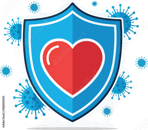 Blue shield with a red heart repels blue virus particles