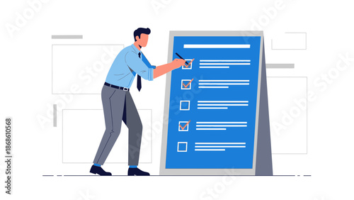 Businessman checking off tasks on a large checklist board, planning and organization concept