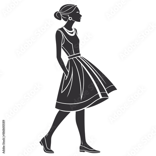 Elegant woman in a flared dress a stylish black and white silhouette